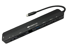 USB хаб ORIGO Док-станция USB-C, 1xUSB 3.0, 1xUSB-C/PD 3.0, 2xUSB 2.0, 1x1000Base-T, 1xHDMI, слот SD/TF/microSD