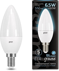 Лампа светодиодная Gauss 6.5Вт цок.:E14 свеча 220B св.свеч.бел.нейт. 35-C (упак.:1шт) (103101207)