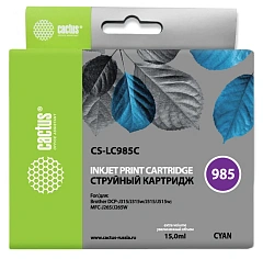 Картридж струйный Cactus CS-LC985C голубой (15мл) для Brother DCPJ315W/DCPJ515W/MFCJ265W с чипом