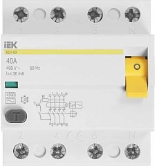 Выключатель дифф.тока УЗО IEK MDV10-4-040-030 ВД1-63 40A 30мА AC 4П 400В 4мод белый (упак.:1шт)