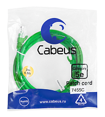 Патч-корд Cabeus PC-UTP-RJ45-Cat.5e-2m-GN Патч-корд U/UTP, категория 5е, 2xRJ45/8p8c, неэкранированный, зеленый, PVC, 2м
