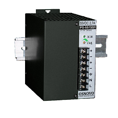 Промышленный блок питания OSNOVO PS-55150/I Промышленный блок питания. DC55V, 2,7A (150W). Диапазон входных напряжений: AC195-265V. КПД: 83%. Регулировка выходного напряжения в диапазоне 50-60V. Защита от короткого замыкания