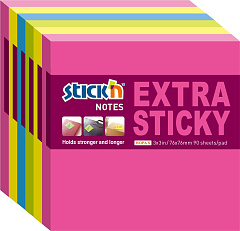 Блок самоклеящийся бумажный Stick`n Extra Sticky 21679 76x76мм 90лист. 70г/м2 неон ассорти (упак.:6шт)